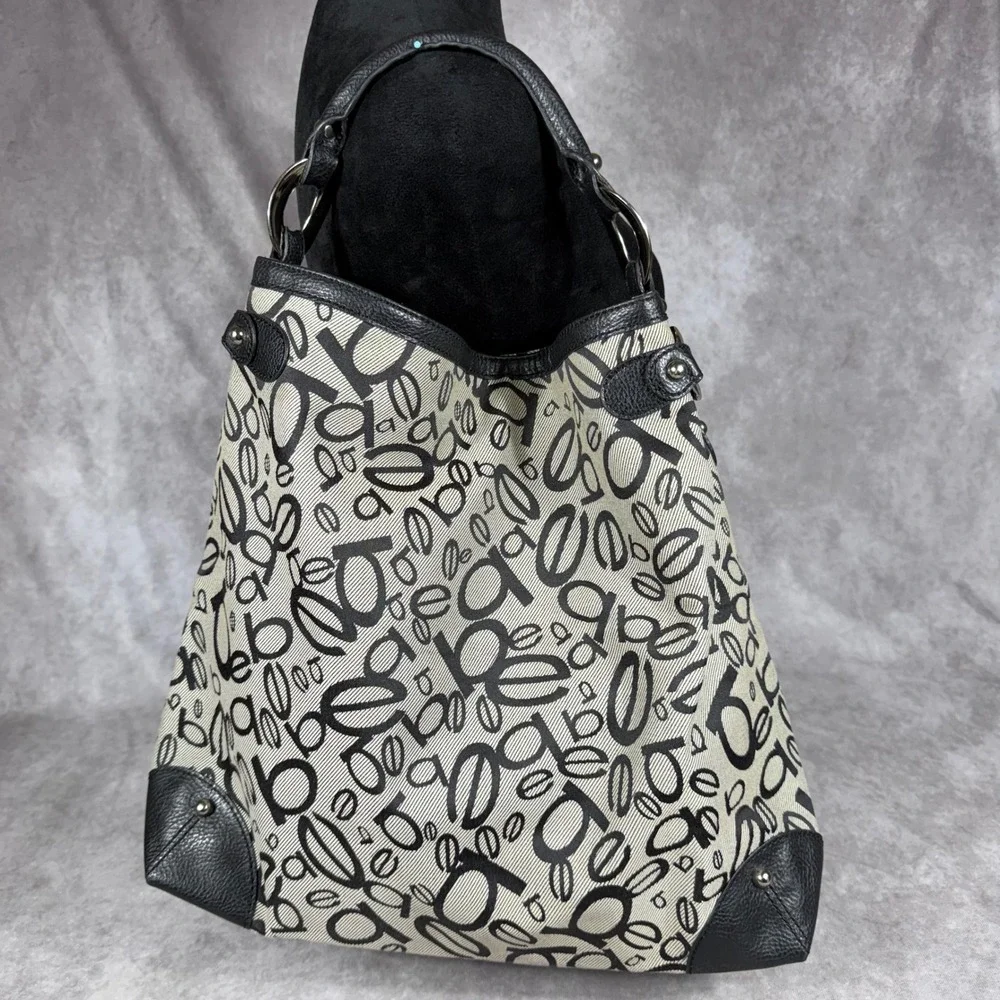 Vtg Bebe Monogram Logo Canvas Hobo Shoulder Bag Black Silver Y2K Slouchy Purse